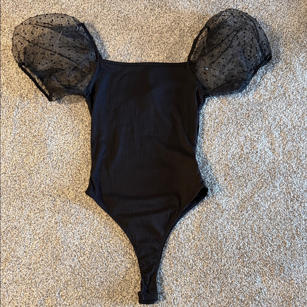 Women’s Black One-Piece with Sheer Puff Sleeves